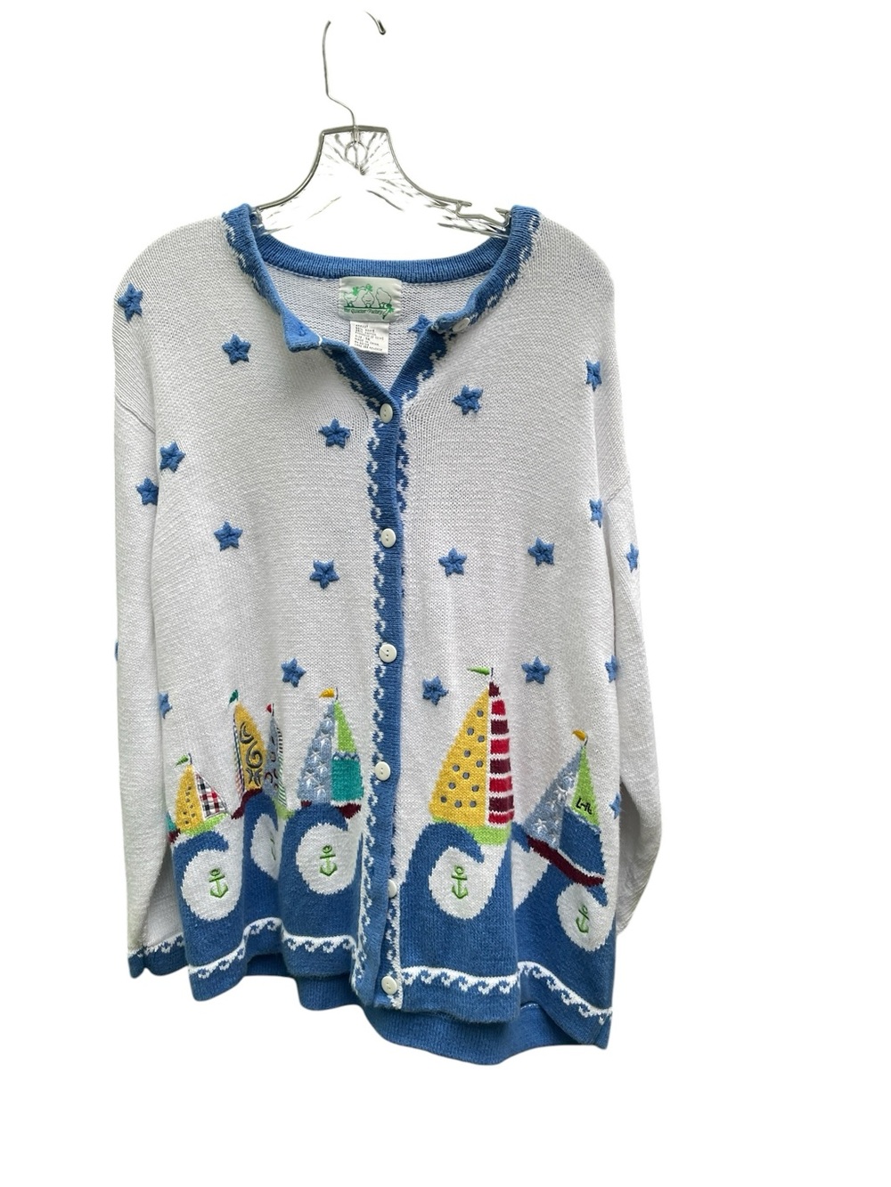 Quacker Factory Sailboat Cardigan Sweater 1X Coastal Nautical Stars Waves